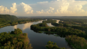 Aerial,Scenic,View,Of,Mississippi,River,,Bluffs,At,Sunset.,Minnesota Mississippi River in the Coulee Region